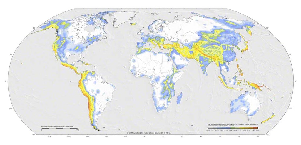 De meest aardbevingsgevoelige regio's ter wereld. Bron: Global Earthquake Model