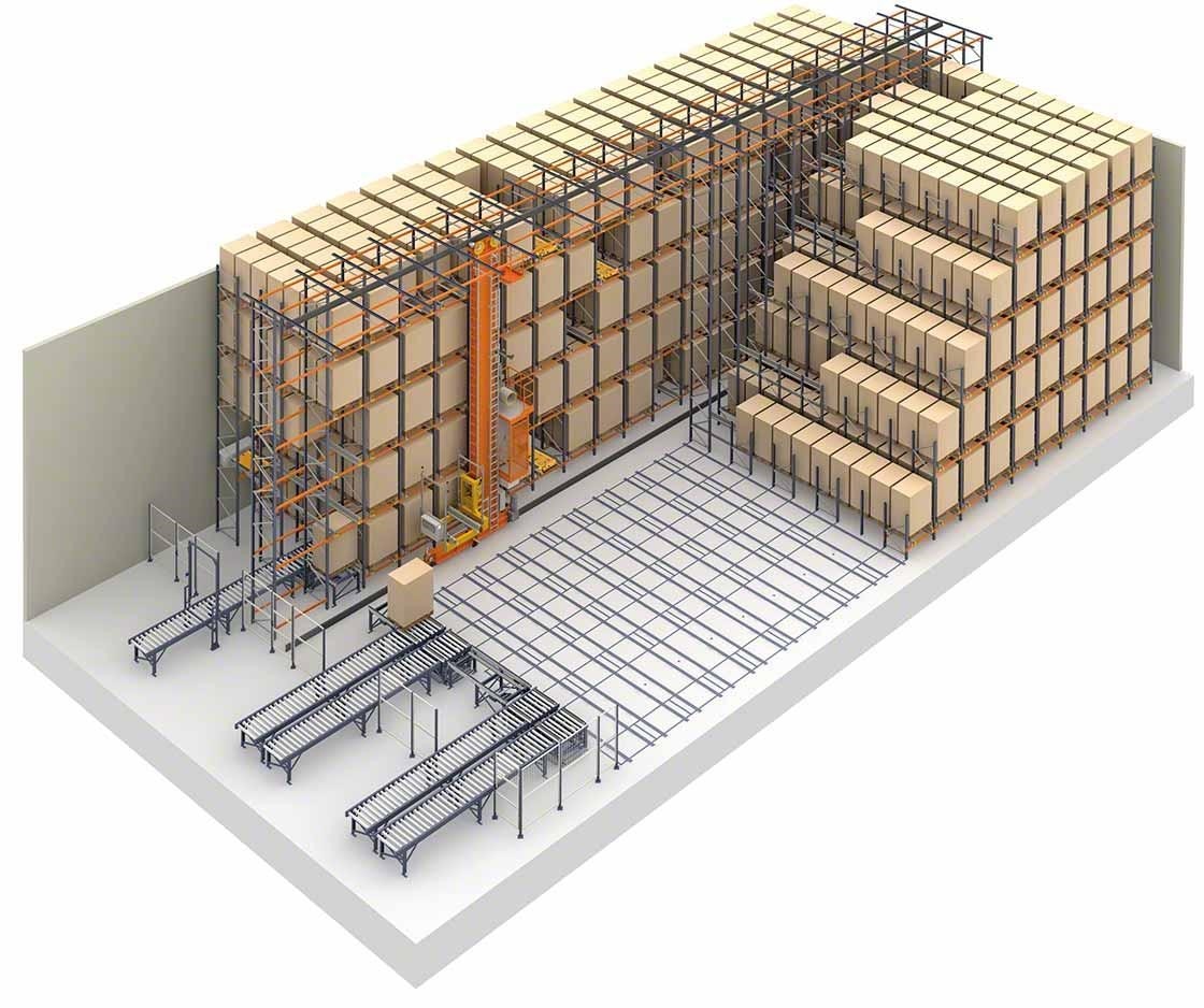 Weergave van een magazijn dat gebruik maakt van compacte opslag in combinatie met een automatische Pallet Shuttle. Weergave van een magazijn dat gebruik maakt van compacte opslag in combinatie met een automatische Pallet Shuttle.