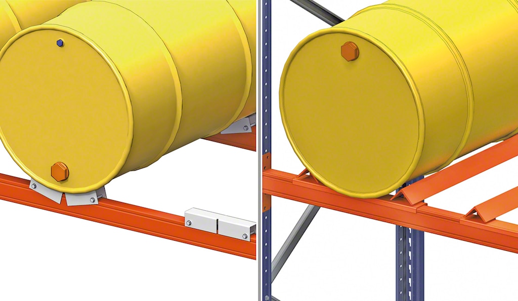 Ton- of barrelsteunen worden aan de liggers bevestigd om de opslag van vaten of andere cilindrische producten te vergemakkelijken