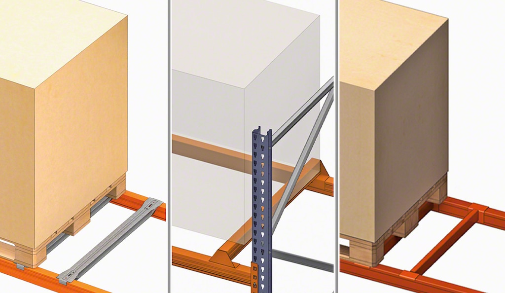 De kruisschoren worden aan de liggers bevestigd om de stabiliteit van de goederen te garanderen wanneer de pallets vanaf de brede kant worden afgehandeld