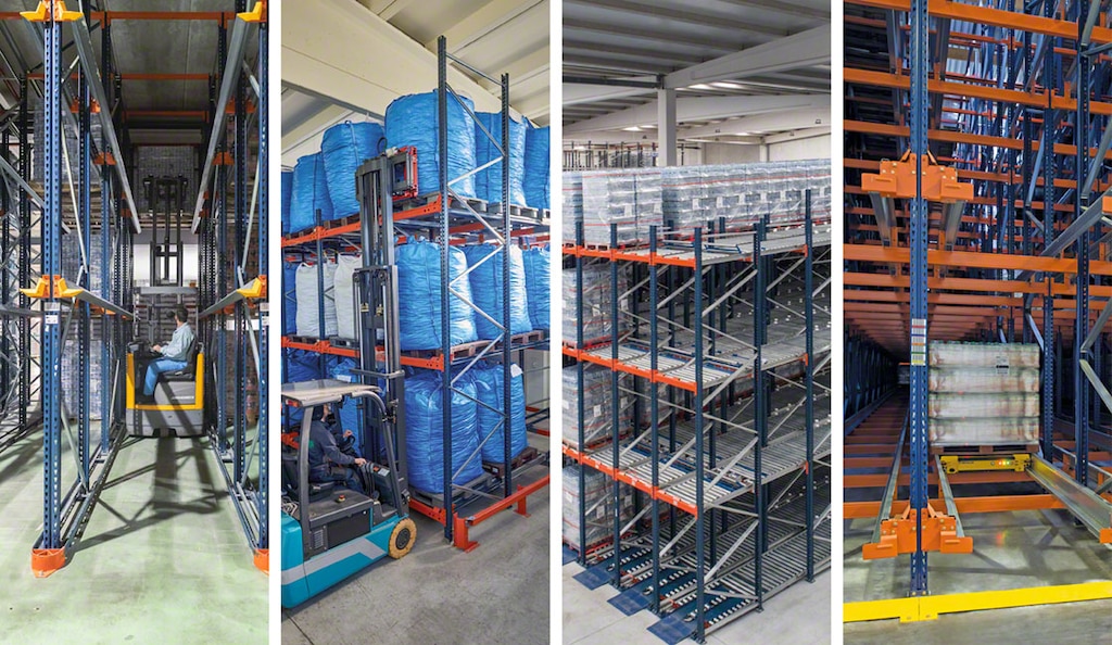 Quatre systèmes de stockage compact : rayonnages par accumulation drive-in, push-back, dynamique et Pallet Shuttle