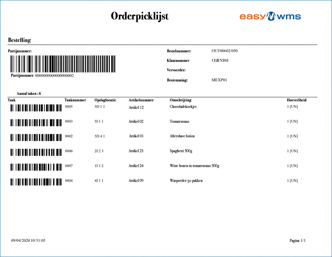 Voorbeeld van een orderpicklijst gegenereerd door het Warehouse Management Systeem Easy WMS