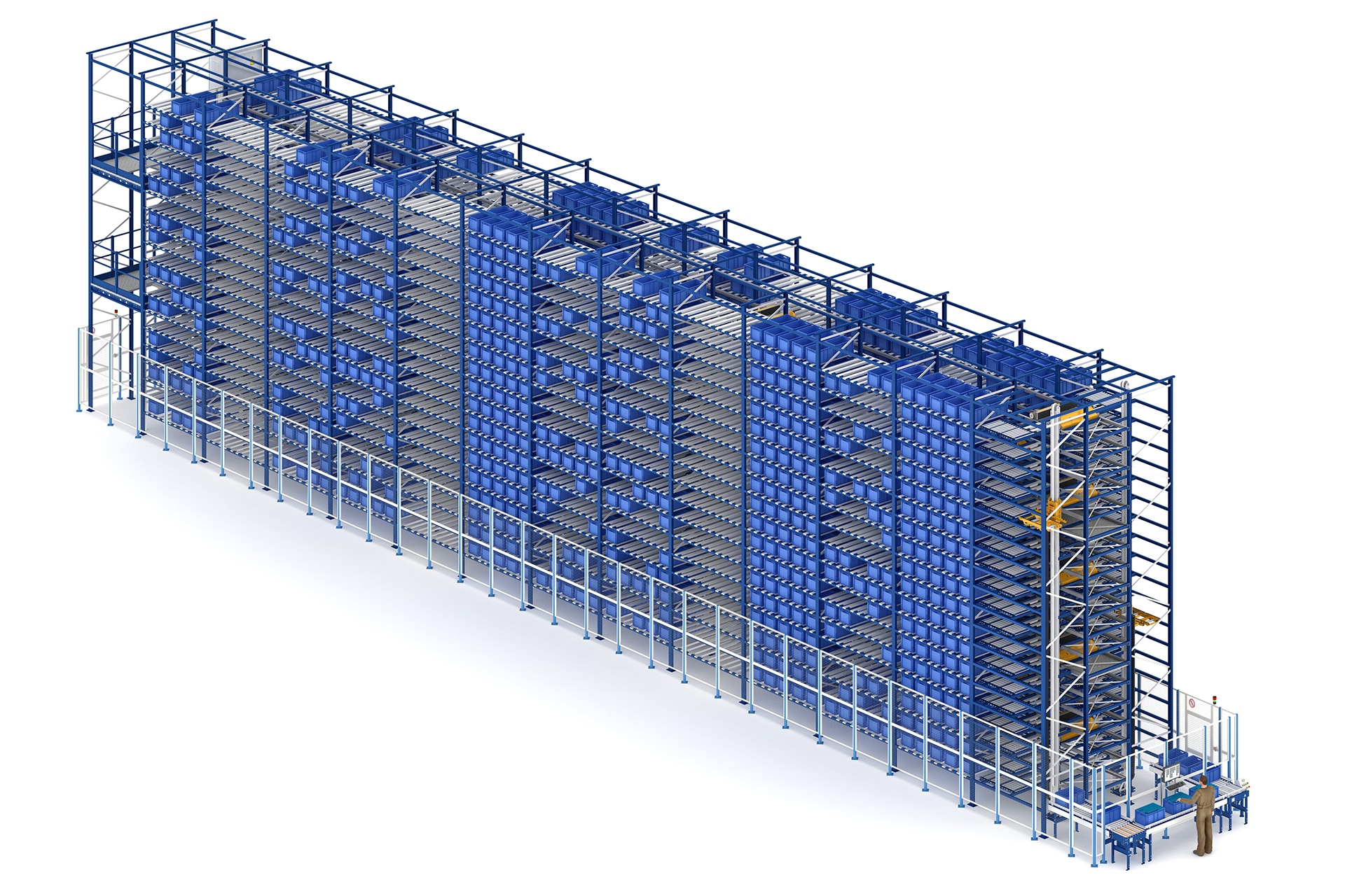 Shuttlesysteem voor dozen en magazijnbakken met een traditionele picklocatie aan de voorkant van het magazijn