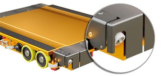 De 3D Pallet Shuttle heeft 4 geleidewielen om door de gang te rijden De 3D Pallet Shuttle heeft 4 geleidewielen om door de gang te rijden