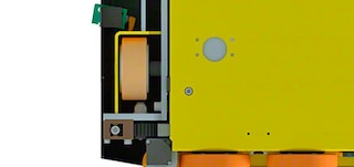 De 3D shuttle heeft 4 wielen om door het gangpad te bewegen De 3D shuttle heeft 4 wielen om door het gangpad te bewegen
