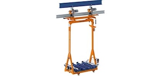 De karretjes volgen een rails die aan het dak van het magazijn is bevestigd