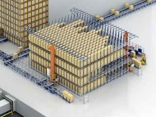 Bloc de rack dynamique avec des transstockeurs dans les deux allées