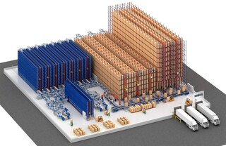 Le transtockeur peut être complété par un système miniload pour le stockage de bacs et de plateaux