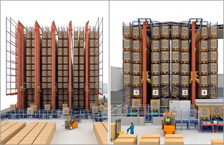 Le transtockeur peut opérer dans un rack à palettes à simple ou double profondeur